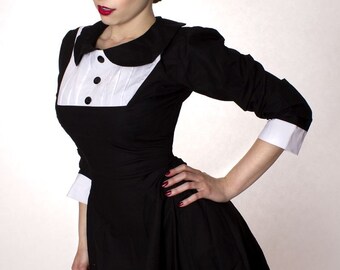Gothic Lolita Black Aline Dress with Peter Pan Collar Long Sleeves Wednesday Aadams Lenore Custom Made to Measure including Plus Size