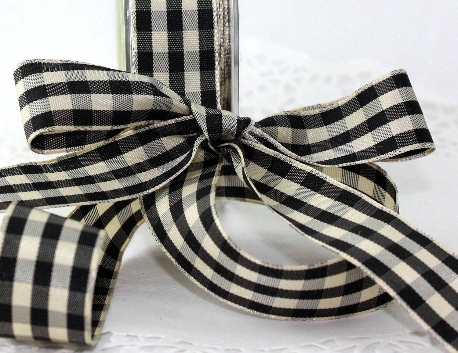 Ribbon - Black and  Cream/Ivory Checked  7/8" wide