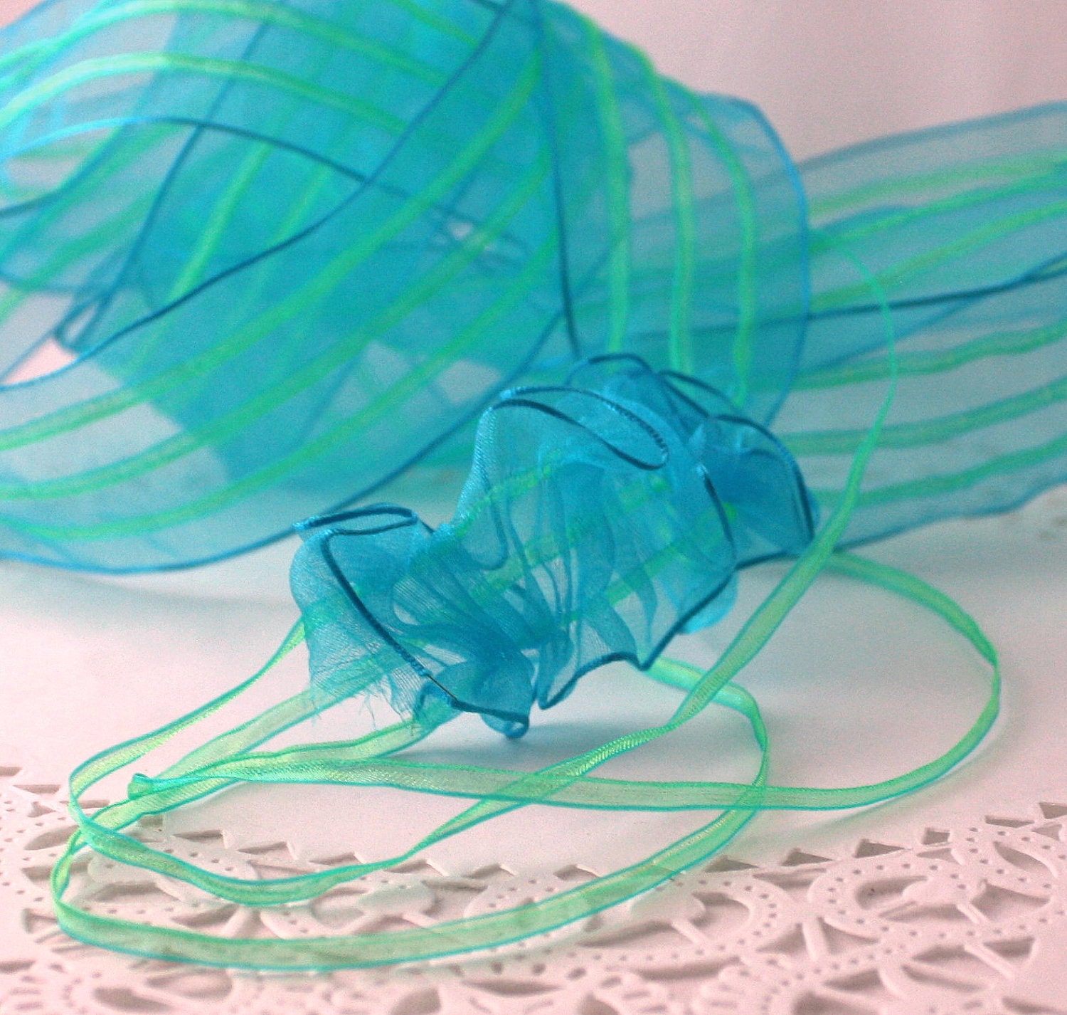 Turquoise/Green Sheer Wired Pull Flower Bow Ribbon - 1.5" Wide