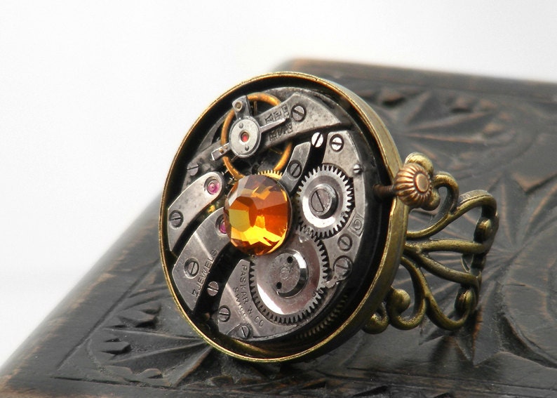 Steampunk Ring, Topaz Crystal & Vintage Watch Mechanism - Adjustable Ring