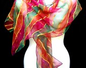 Silk Scarf Hand Painted Multicolor Chiffon Gold Stripes Rainbow Long