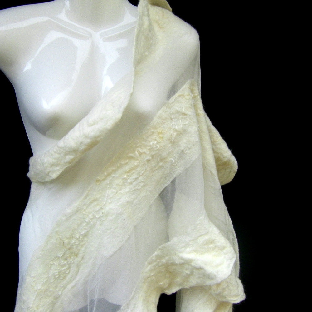 Nuno Felt Scarf, Felted Scarves, Snow White Scarf, Ruffled, Silk Wool Cashmere Wrap Wedding Bridal Accessory CUSTOM ORDER