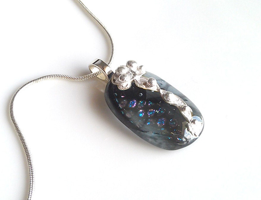 Smoke Gray and Dichroic Glass Necklace - Fine Silver Accents