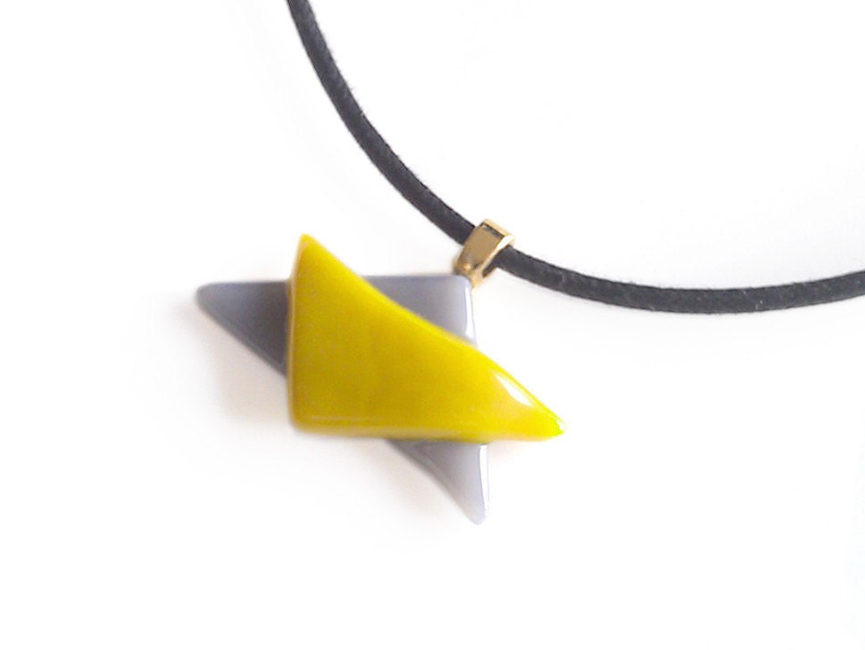 Mustard and Gray Triangles Necklace Fused Glass
