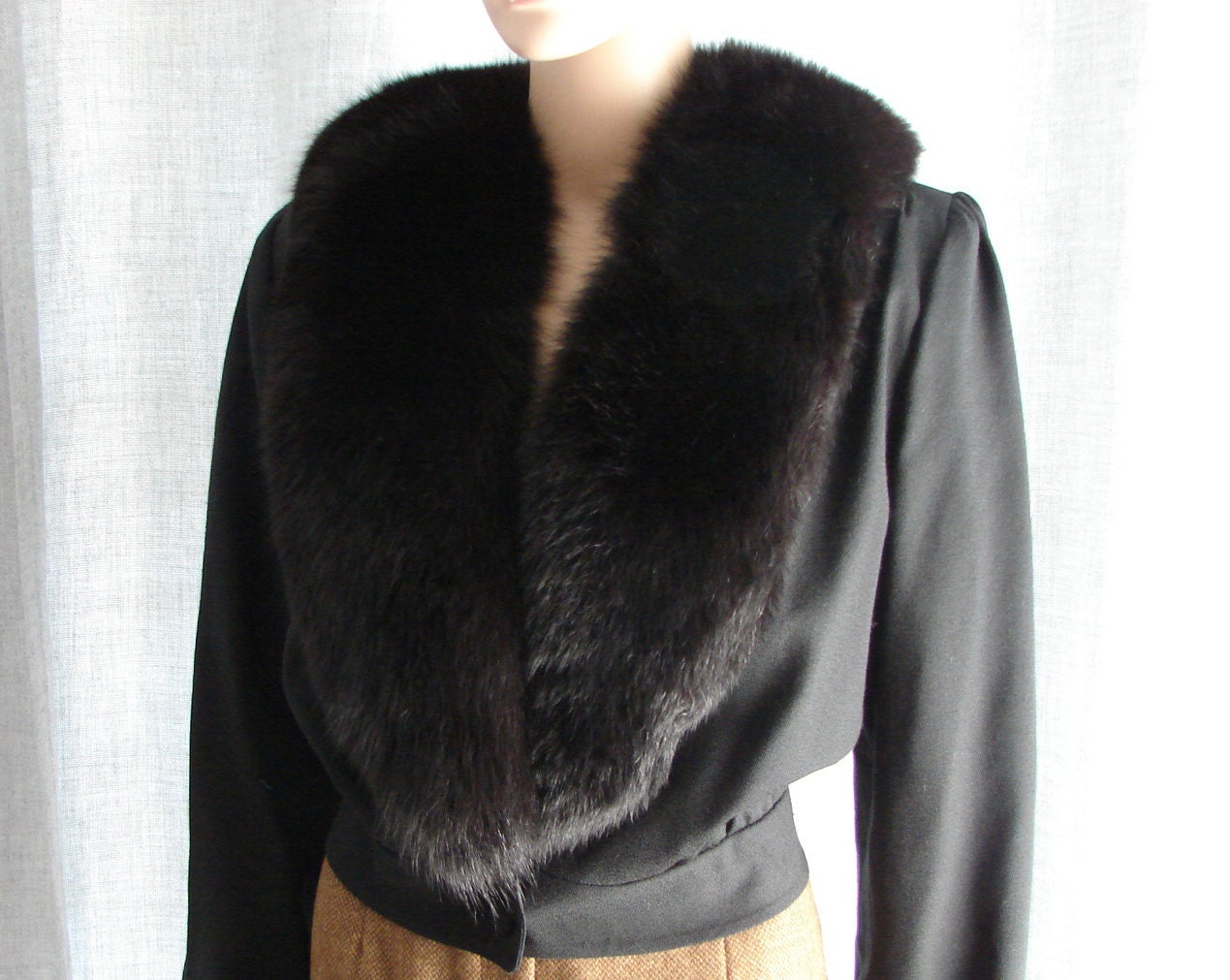 Black Vintage Wool Jacket with Mink Collar