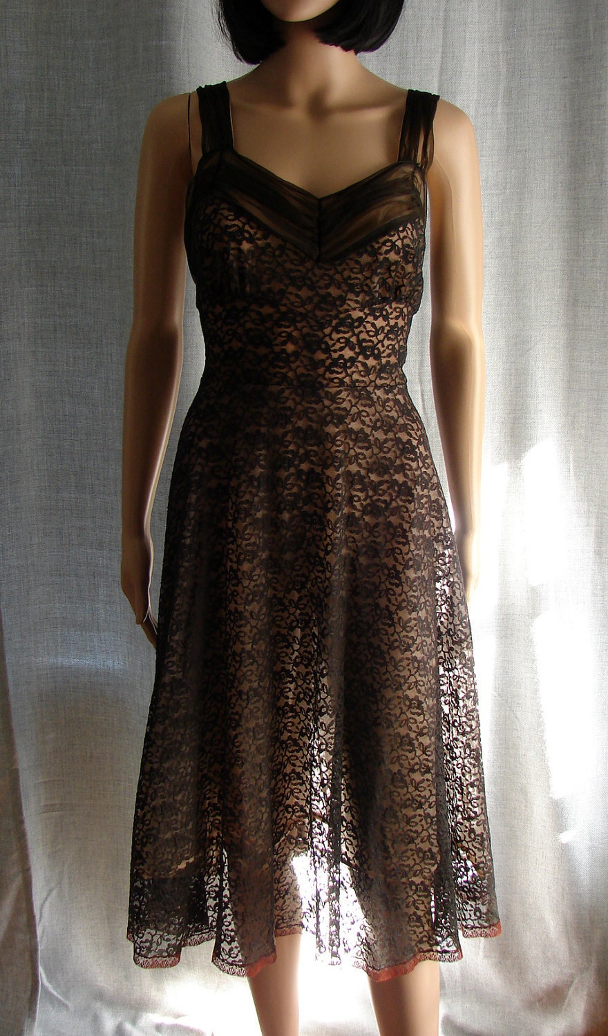 Vintage 1950's Black Lace Dress with Nude Lining