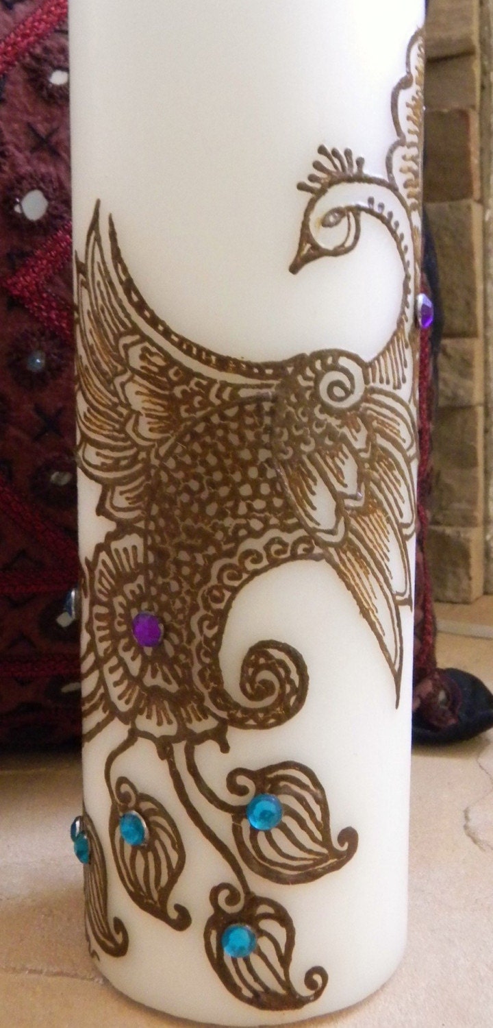 Peacock Candle, Pillar Candle with Henna Design Hand painted, Modern Candle Art