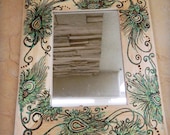 Mirror with Peacock Feathers, Henna on Mirror, A Moment to Reflect, 5x7in, ORIGINAL, OOAK, Unique, Henna Swirls