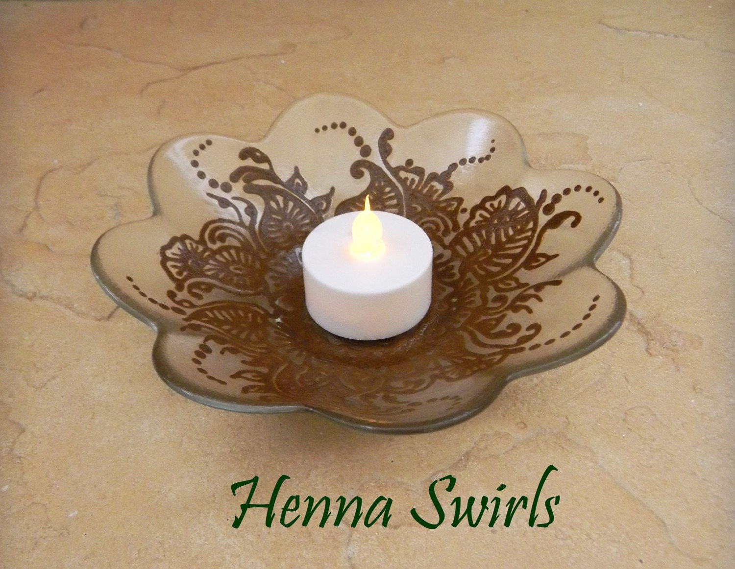 Luminescent Candle Dish decorated with Henna, Mehndi , ORIGINAL, Handpainted, OOAK