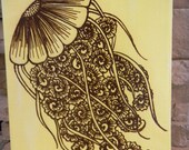 Jellyfish Henna Art in Yellow, Acrylic Mixed Media Painting with Henna Design, Global Art, Unique, OOAK, Global Art