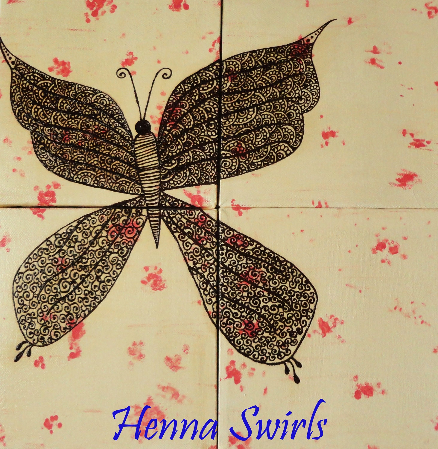 Butterfly Painting, Henna Art, Acrylic Painting with Henna, One of a Kind, Original, Unique