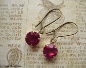 PEONY - Vintage Estate Style Earrings in Antiqued Brass With Fuschia Pink Glass Jewels Petite Dainty Dangles Valentine Gift For Her