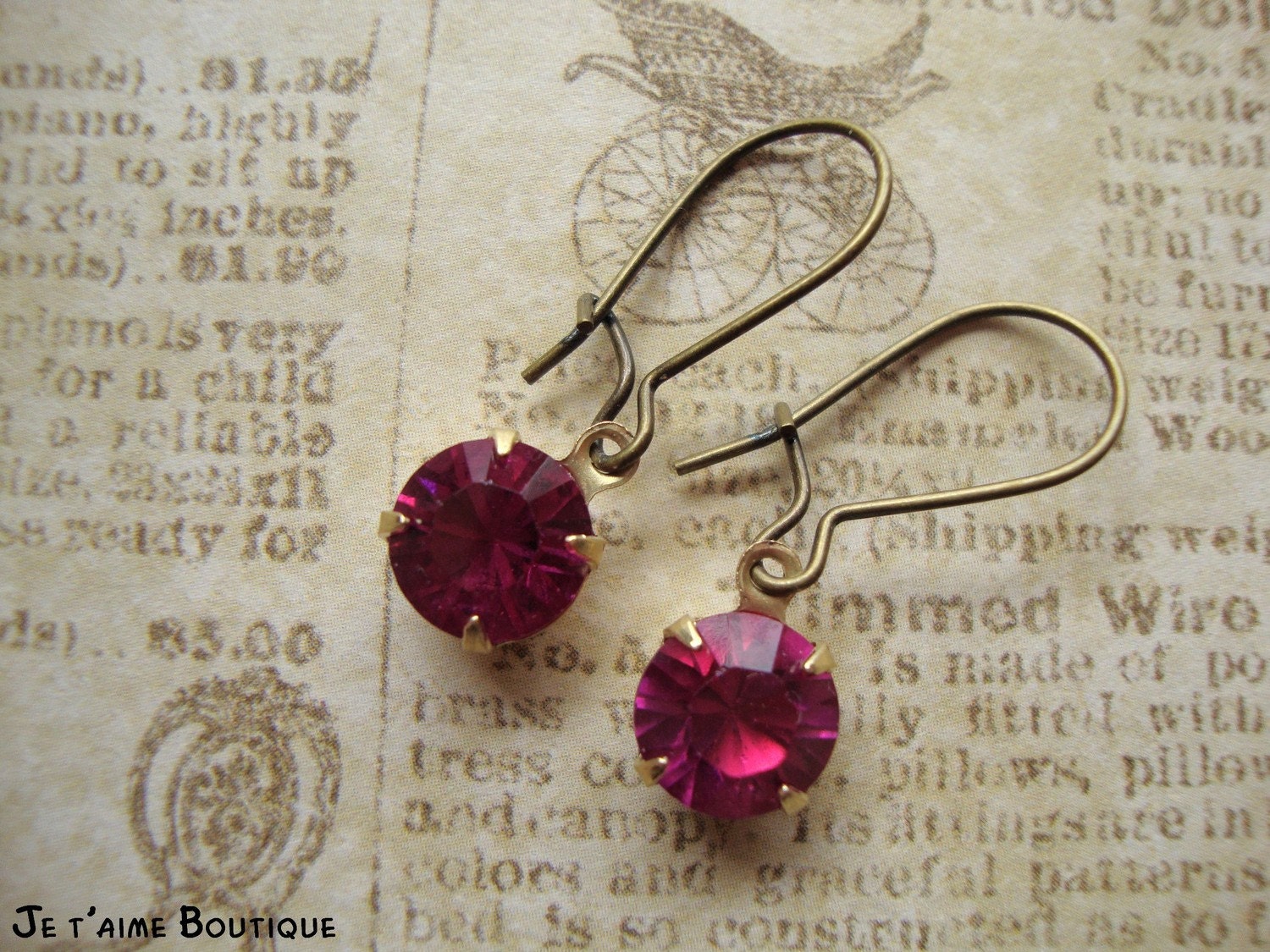 PEONY - Vintage Estate Style Earrings in Antiqued Brass With Fuschia Pink Glass Jewels Petite Dainty Dangles Valentine Gift For Her