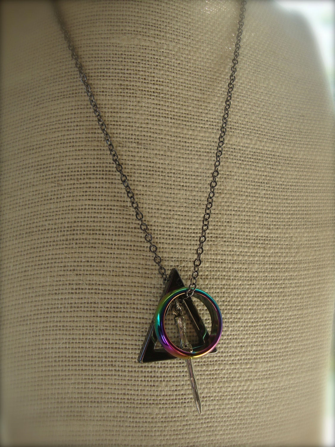 DEATHLY HALLOWS III - Unisex Wizard Inspired Deathly Hallows Necklace With Iridescent Hematite Ring Gunmetal Three Peverell Brothers