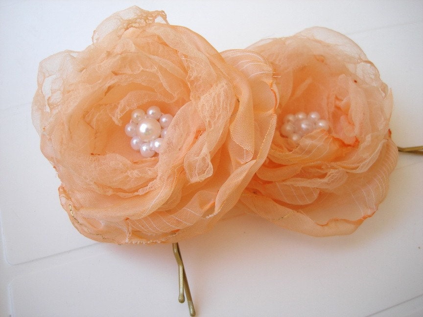 Pastel Orange Wedding Hair Organza Flower Bobby Pins 2 piece