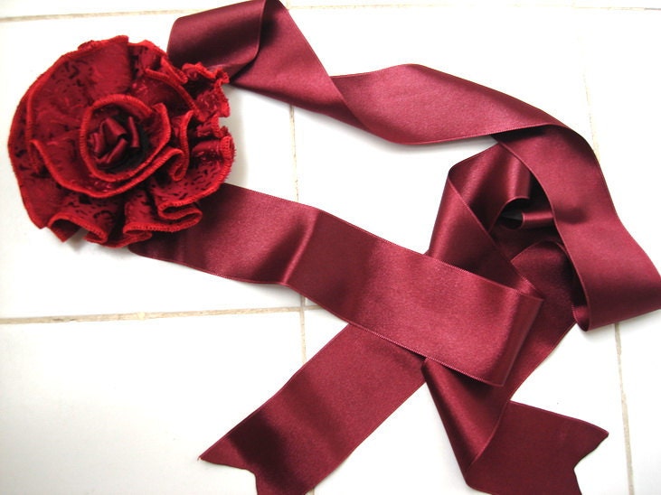 Red  fabric flower sash belt victorian neckpiece