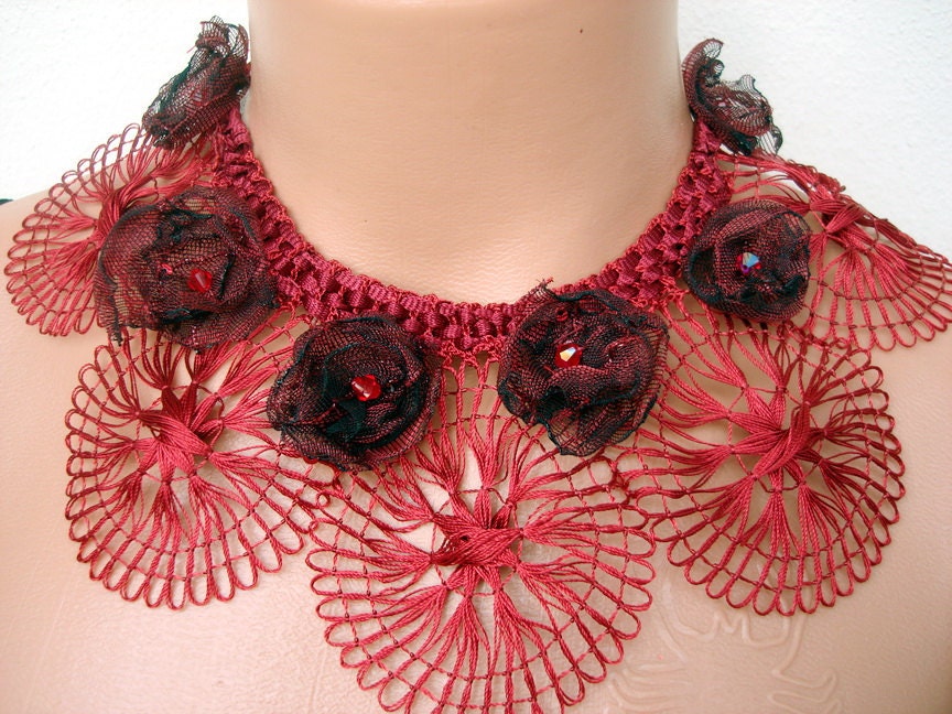 Handmade Dark Red lace Dainty Necklace with burgundy organza flowers  and  tie cord yarn