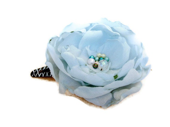 Blue Poppy  flower head piece floral wedding Rose Hair Clip with Crystal Center