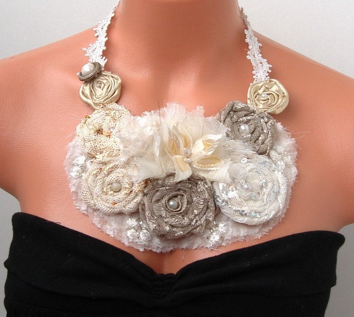 Cream and ecru  floral statement  bib necklace wedding  flower