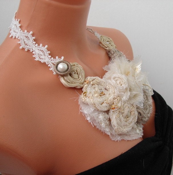 Cream and ecru  floral statement  bib necklace wedding  flower