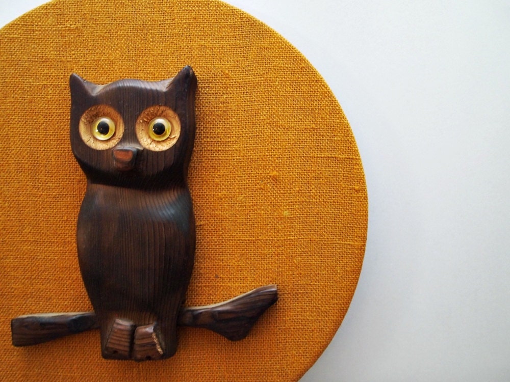 vintage Wood Owl on Orange Burlap Circle, Original by Robbie Probert