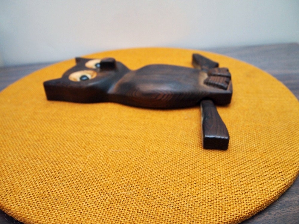 vintage Wood Owl on Orange Burlap Circle, Original by Robbie Probert