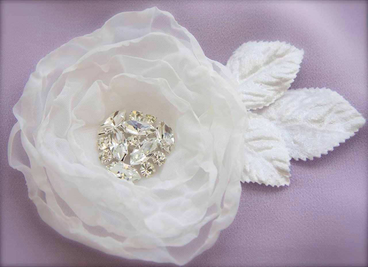 Organza Bridal Flower, Deco Rhinestones, Diamond White, ivory, Velvet Leaves, custom colors
