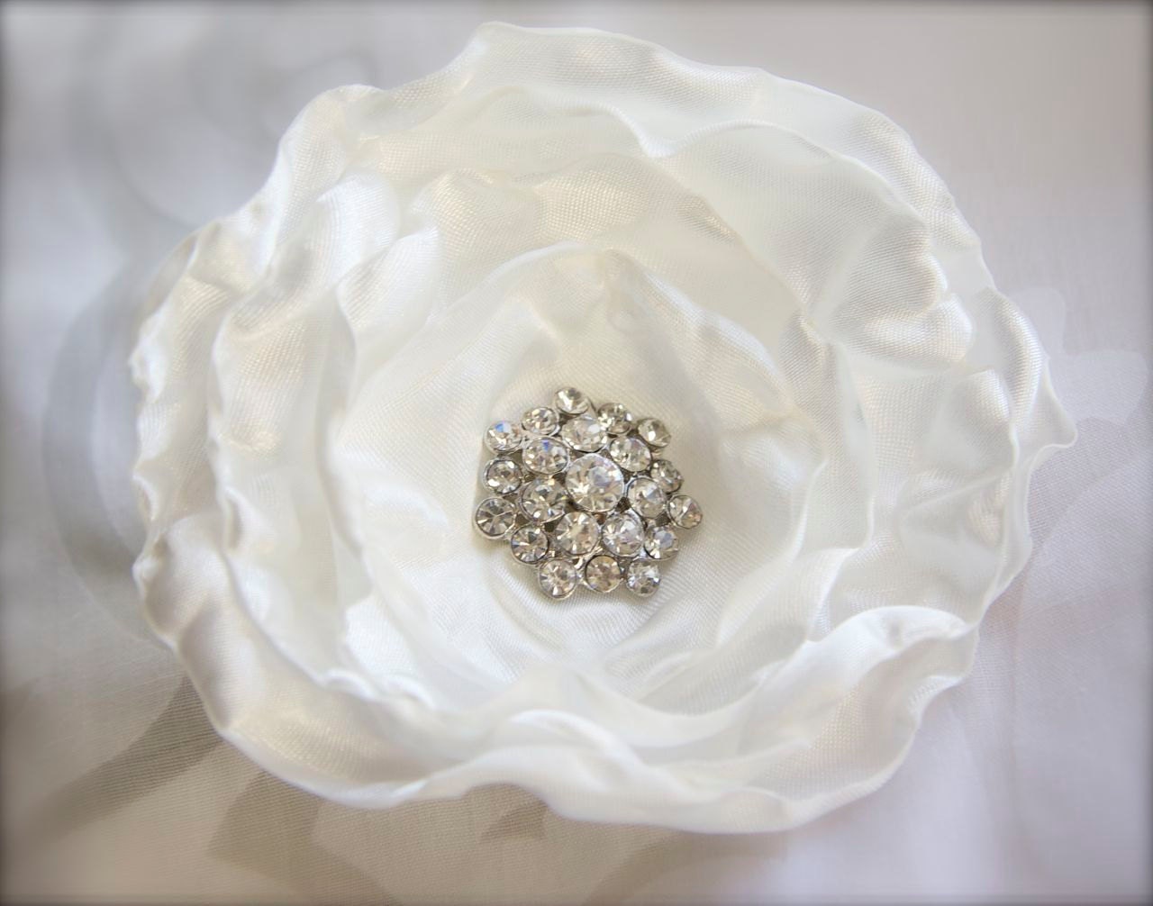 Wedding Hair Flower, White Flower, Glamorous Crystal Rhinestone Center, Diamond White, Silk White, Layered Curled Satin hair clip or pin