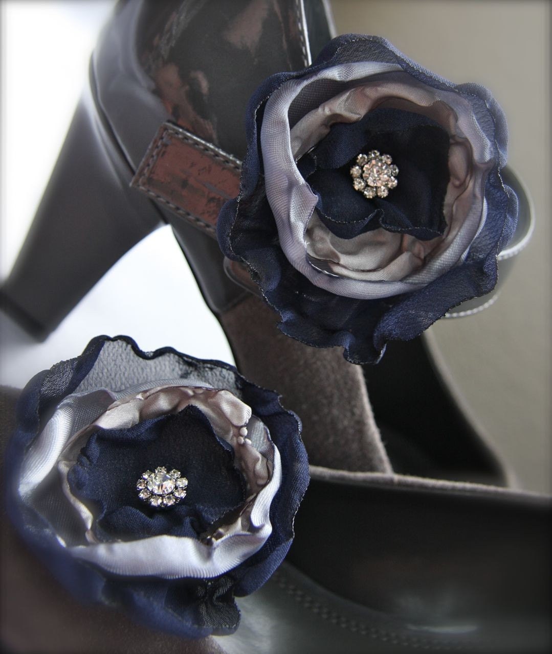 Flower Shoe Clips, Navy Blue and Gray vintage style rhinestone organza, custom wedding colors