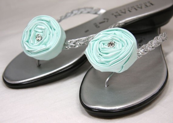 Shoe Clips, Rosettes, Tiffany Blue, Aqua Blue Satin, Rhinestone, custom colors shoe clips