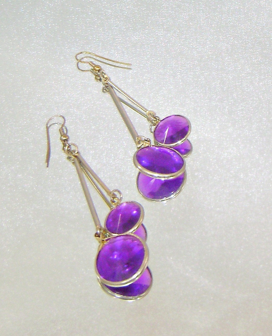 Vintage Earrings Amethyst Purple Bezel Set Swinging Pendulum