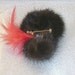 Vintage Mink Lady Brooch.  Porcelain. Feather. Black. Red.