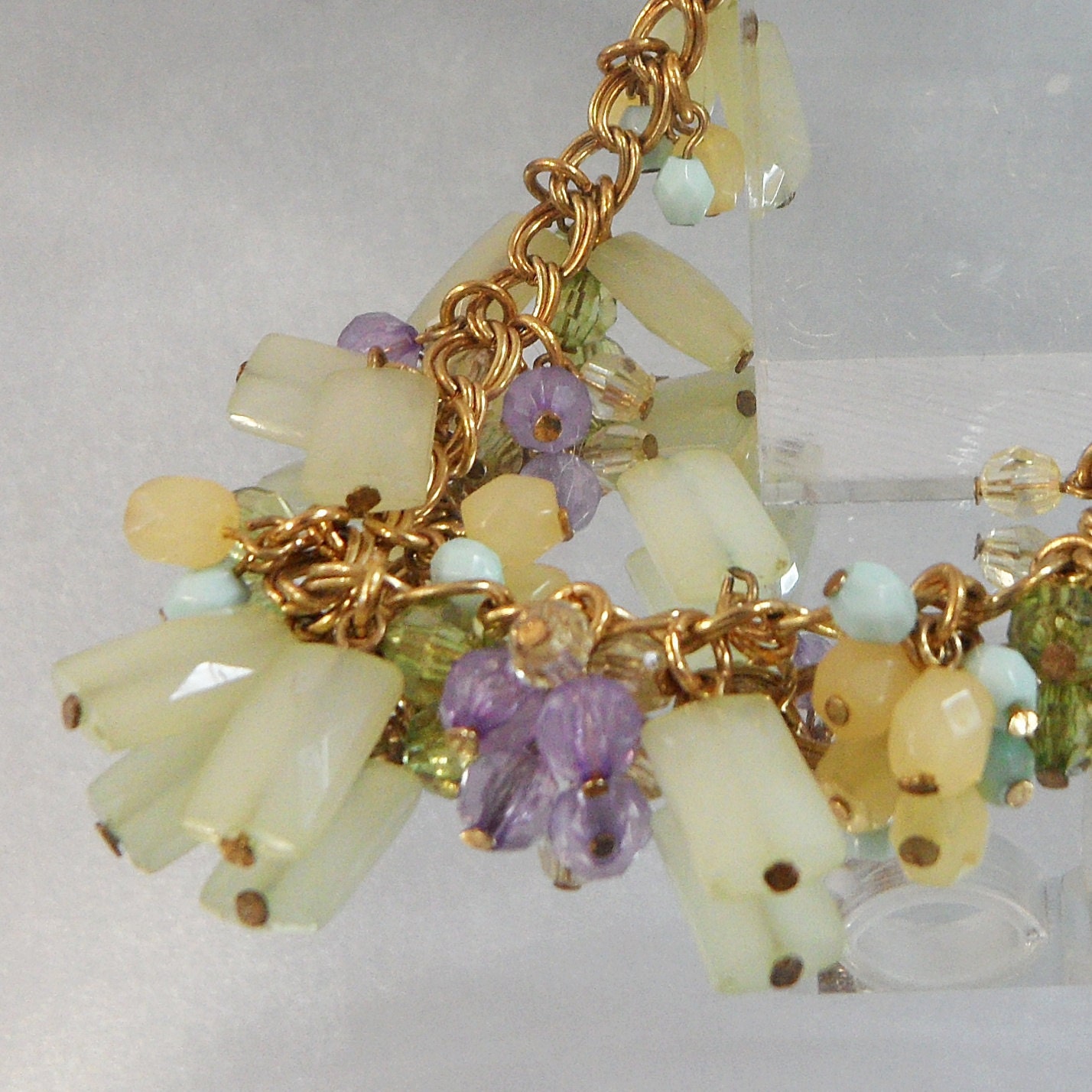 Vintage Charm Bracelet.  Frosted Beads.  Green. Mint. Purple.