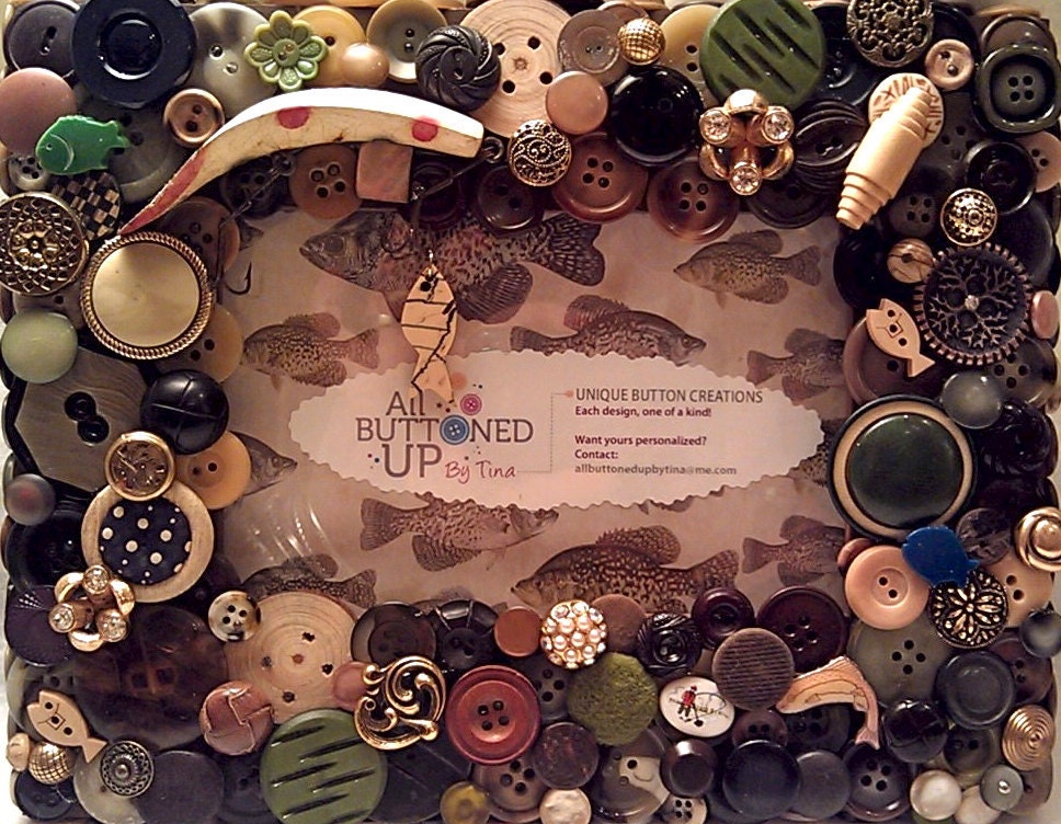 Fishing Themed Button Picture Frame in Earth-tones for 4"x6" photo