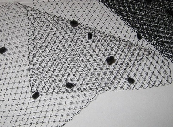 BLACK - French netting with chenille dots - 9-inch wide - for DIY birdcage veils