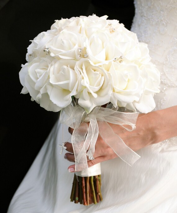 Bridal Bouquet White Roses Real Touch Silk Wedding Flowers Sparkly Crystals Rhinestones Bling - GRAND Bridal Size