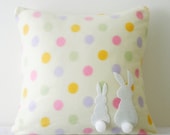 Two Little Lovely Rabbits Soft Yellow Polka Dots Pillow Cover. Spring Summer White Bunny. Pom Pom Tail