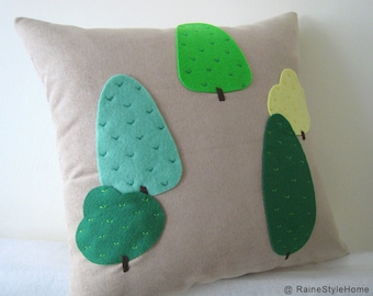 Modern Trees Beige Pillow Cover. Green Woodland. Nature Lovers