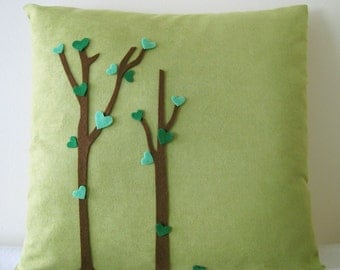 Love Trees Blossom Moss Green Pillow Cover. Cute Christmas Gift.  Woodland Lovers