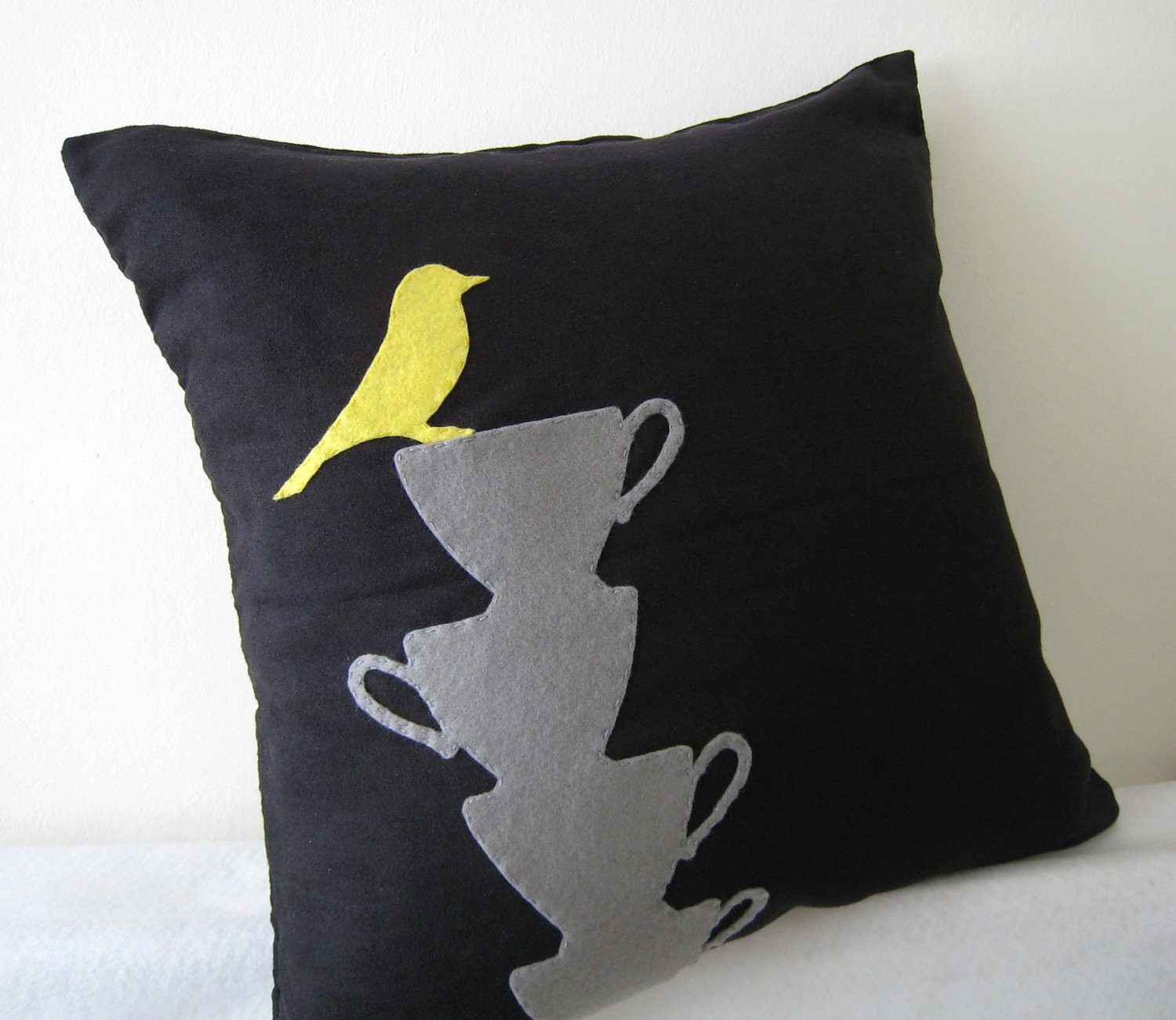 Yellow Bird Resting On Teacups Black Pillow Cover. Tea Time. Modern. Grey