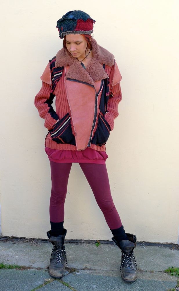 Coral Rust Upcycled Sheepskin Sweater Jacket Made in England UK