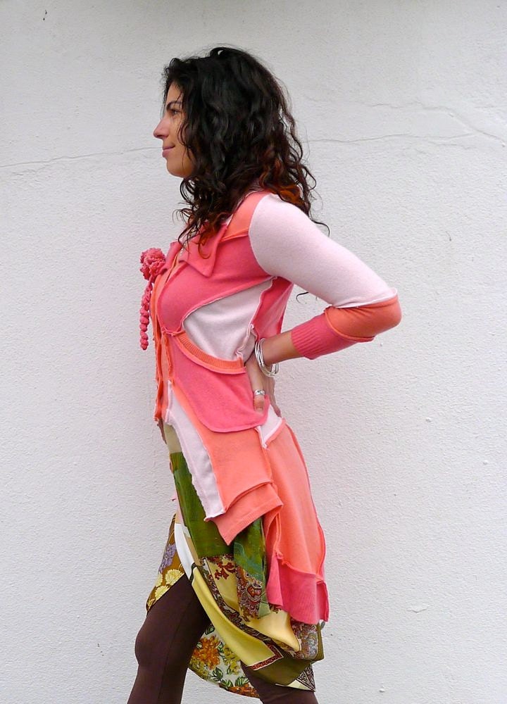 Coral Pink Upcycled Cashmere Cardigan Sweater Made in England UK