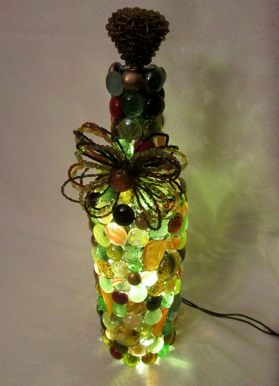 Wine bottle lamp - green, brown, yellow and orange