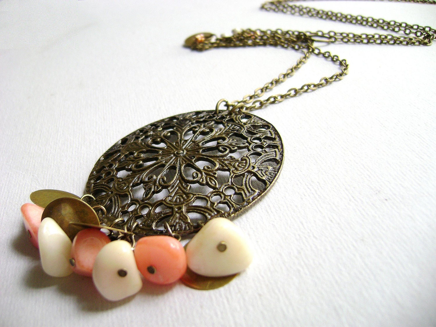 Dazzle up - super long necklace charm pendant natural painted soft peach ivory stones