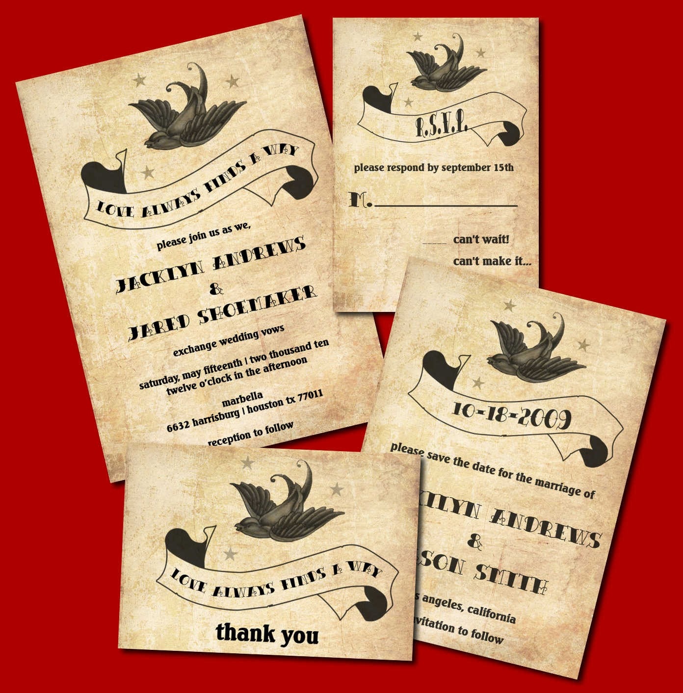 Rockabilly Wedding Invitation Set Features a Sparrow Stars and Banner Rockabilly Wedding Invitation Set Features a Sparrow Stars and Banner