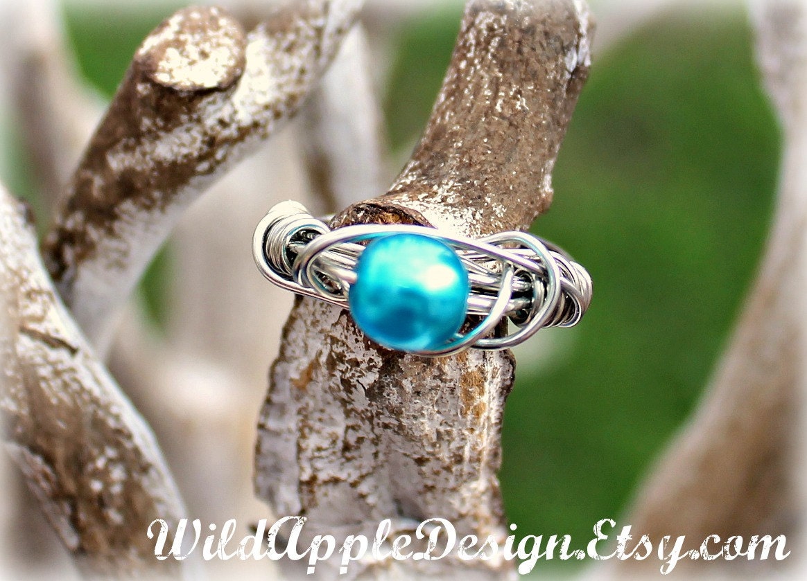 Petrol Blue Swarovski Pearl Wire-Wrapped Ring - Custom Sizes Available