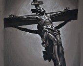 Not Defeated - black and white charcoal Crucifix drawing