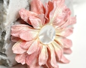 Shimmery Velvet Mum - Hair Flower - Tea Rose Pink and Pale Yellow - Mother of Pearl