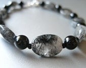 Black Quartz Bracelet - Tourmalinated Quartz Oval Puffs and Black Pearl Bracelet - Last One