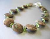 Earth Tone Spring Bracelet - Brown Green Jasper and Peridot Rondelle Sterling Silver